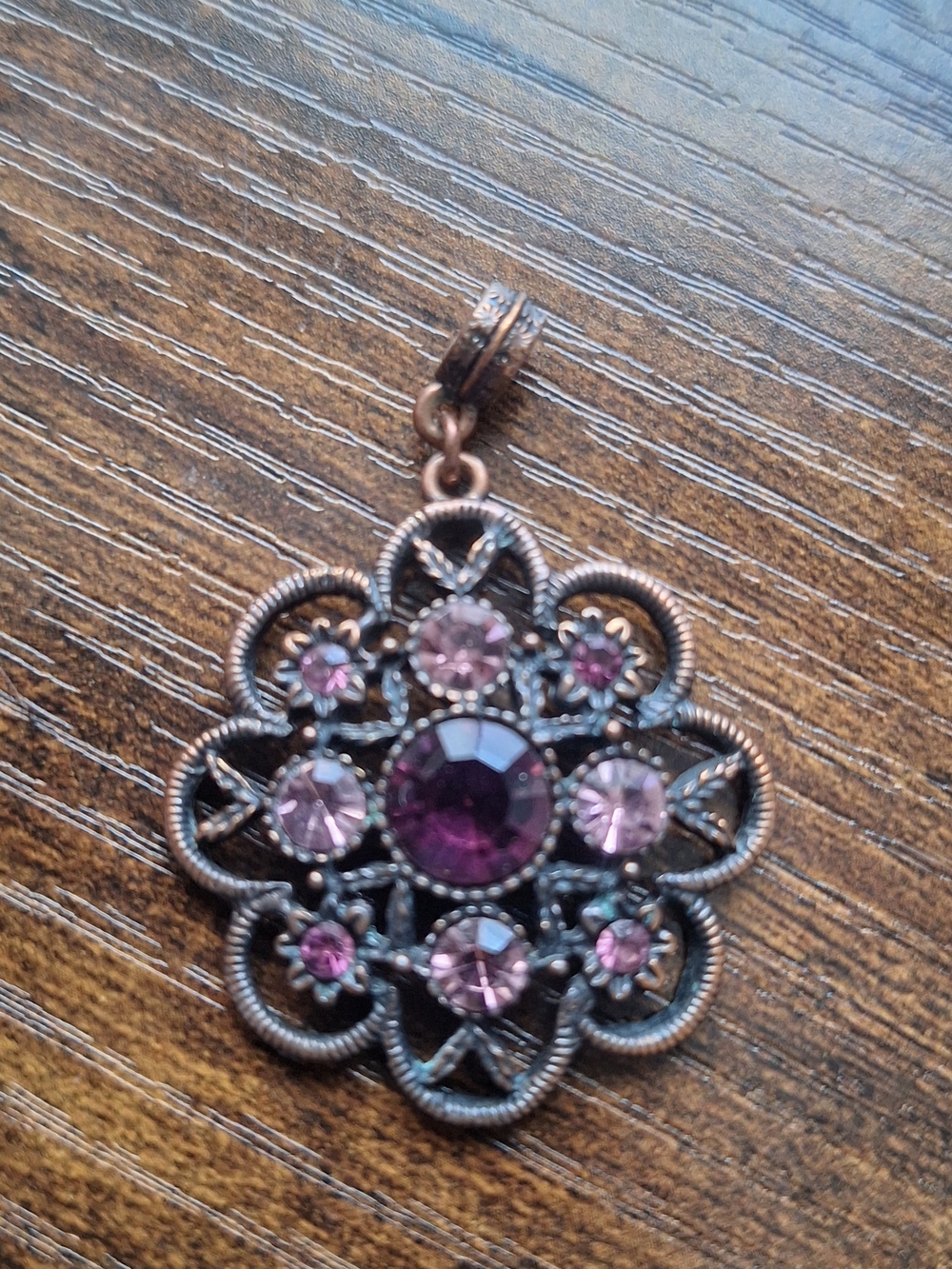 Vtg 1928 Rose Gold Copper Floral Rhinestone Pendant Pink